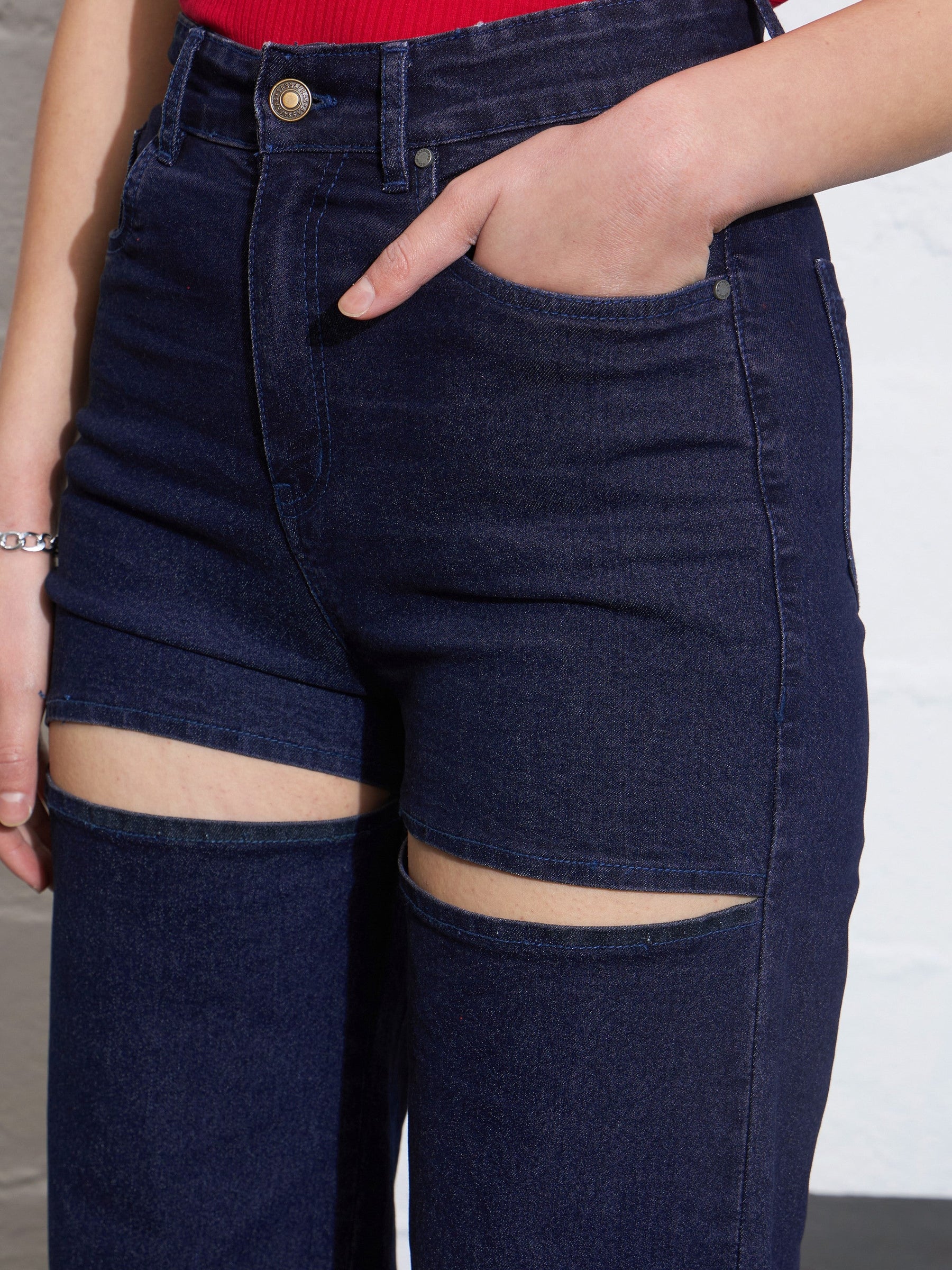 Navy Washed Thigh Cut Out Straight Jeans -SASSAFRAS