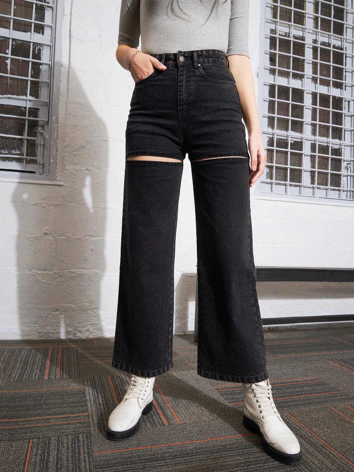 Black Washed Thigh Cut Out Straight Jeans -SASSAFRAS