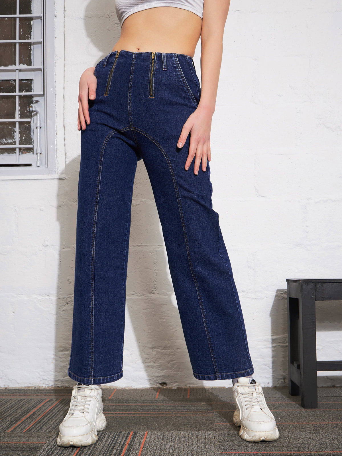 Blue Blast Zipper Detail Straight Jeans -SASSAFRAS