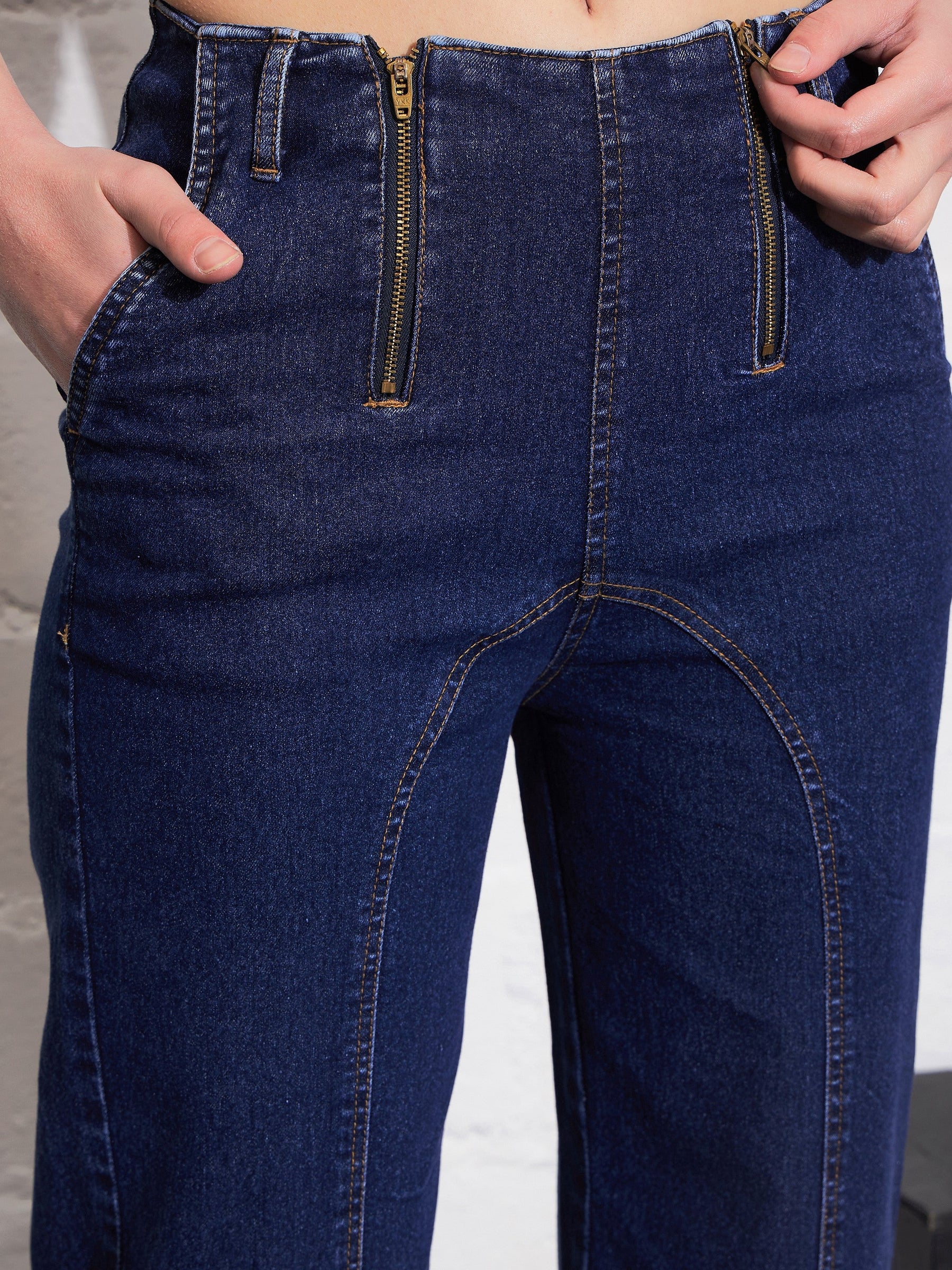 Blue Blast Zipper Detail Straight Jeans -SASSAFRAS
