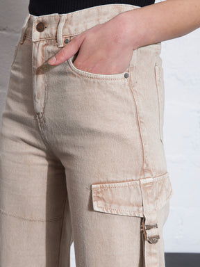 Beige Zipper Pocket Cargo Straight Jeans -SASSAFRAS