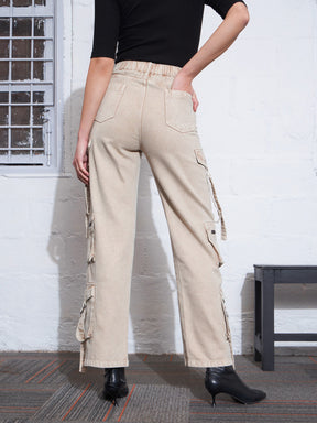 Beige Zipper Pocket Cargo Straight Jeans -SASSAFRAS