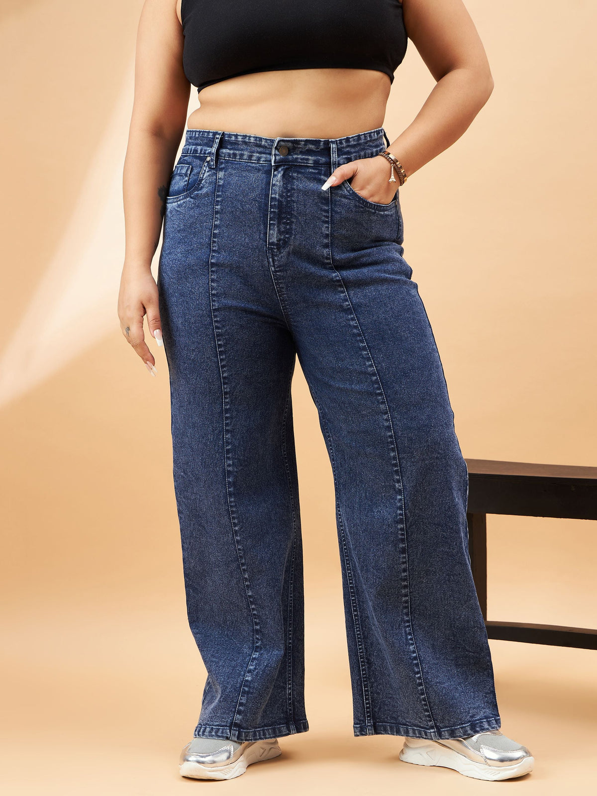 Blue Wash High Waist Seam Detail Straight Jeans-SASSAFRAS Curve