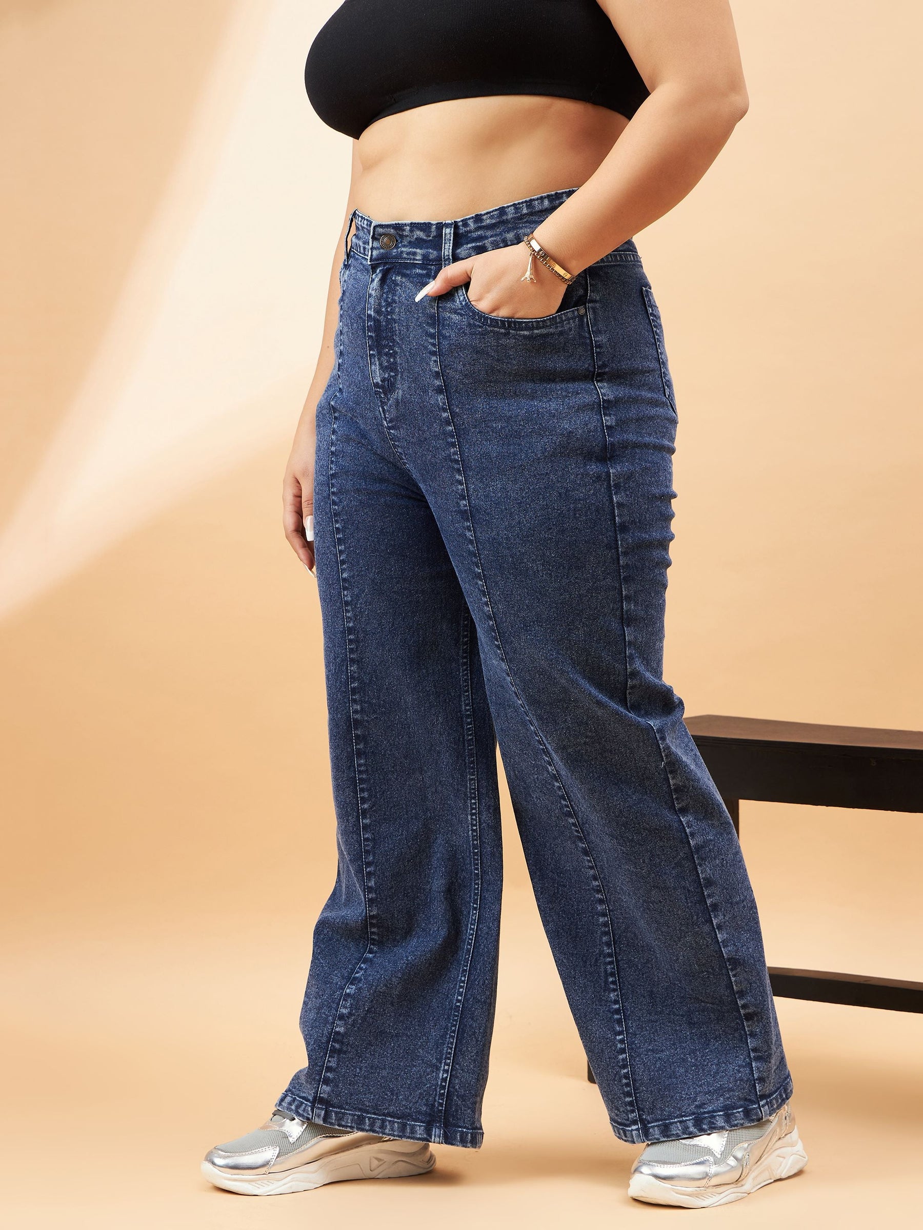 Blue Wash High Waist Seam Detail Straight Jeans-SASSAFRAS Curve