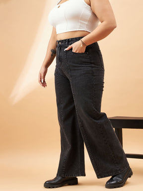 Black Acid Wash High Waist Seam Detail Straight Jeans-SASSAFRAS Curve