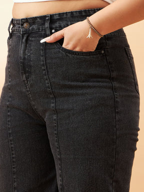 Black Acid Wash High Waist Seam Detail Straight Jeans-SASSAFRAS Curve
