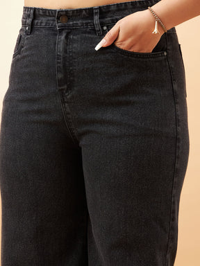 Black Acid Wash Hem Zipper Detail Straight Jeans-SASSAFRAS Curve