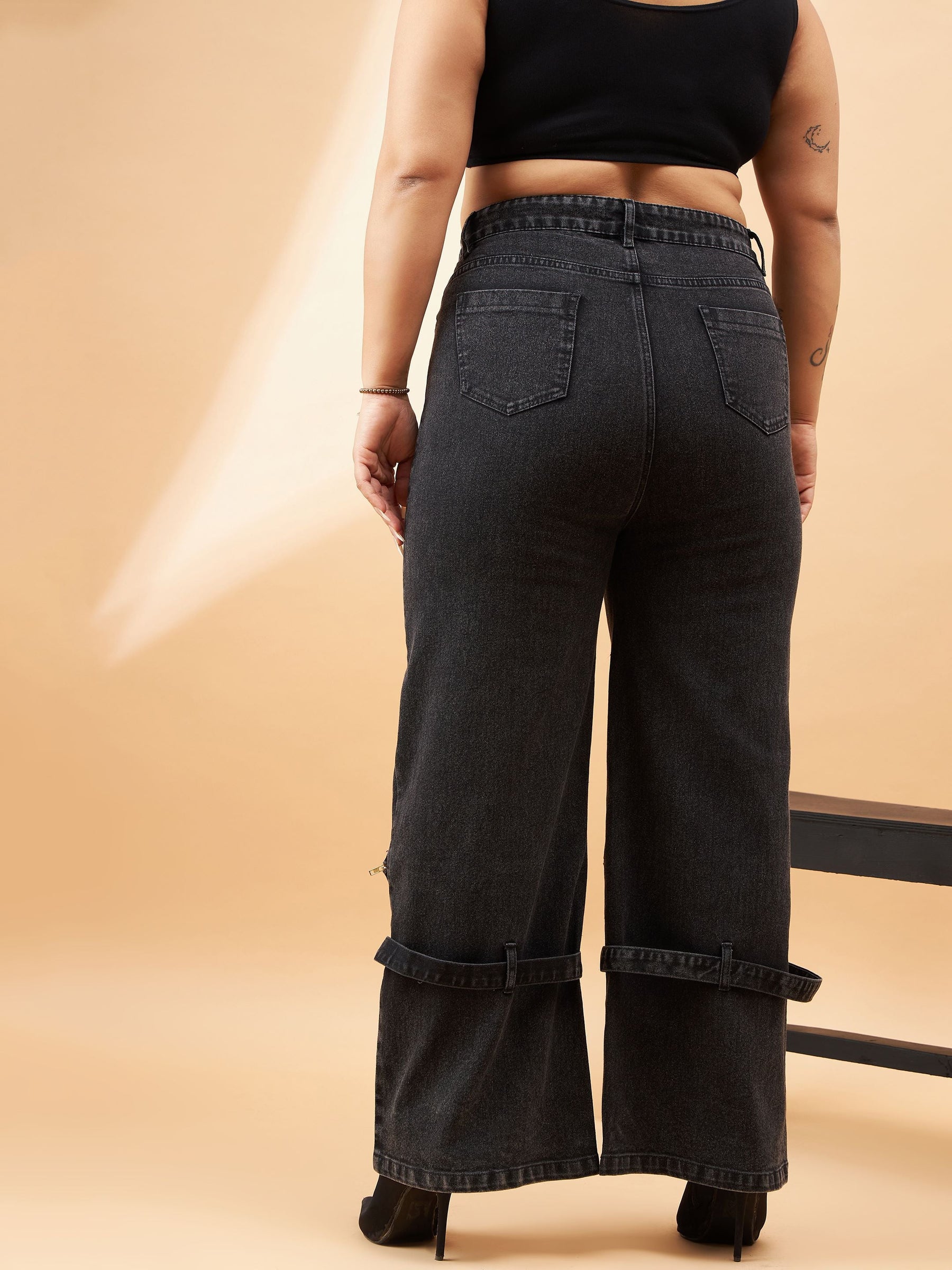 Black Acid Wash Hem Zipper Detail Straight Jeans-SASSAFRAS Curve