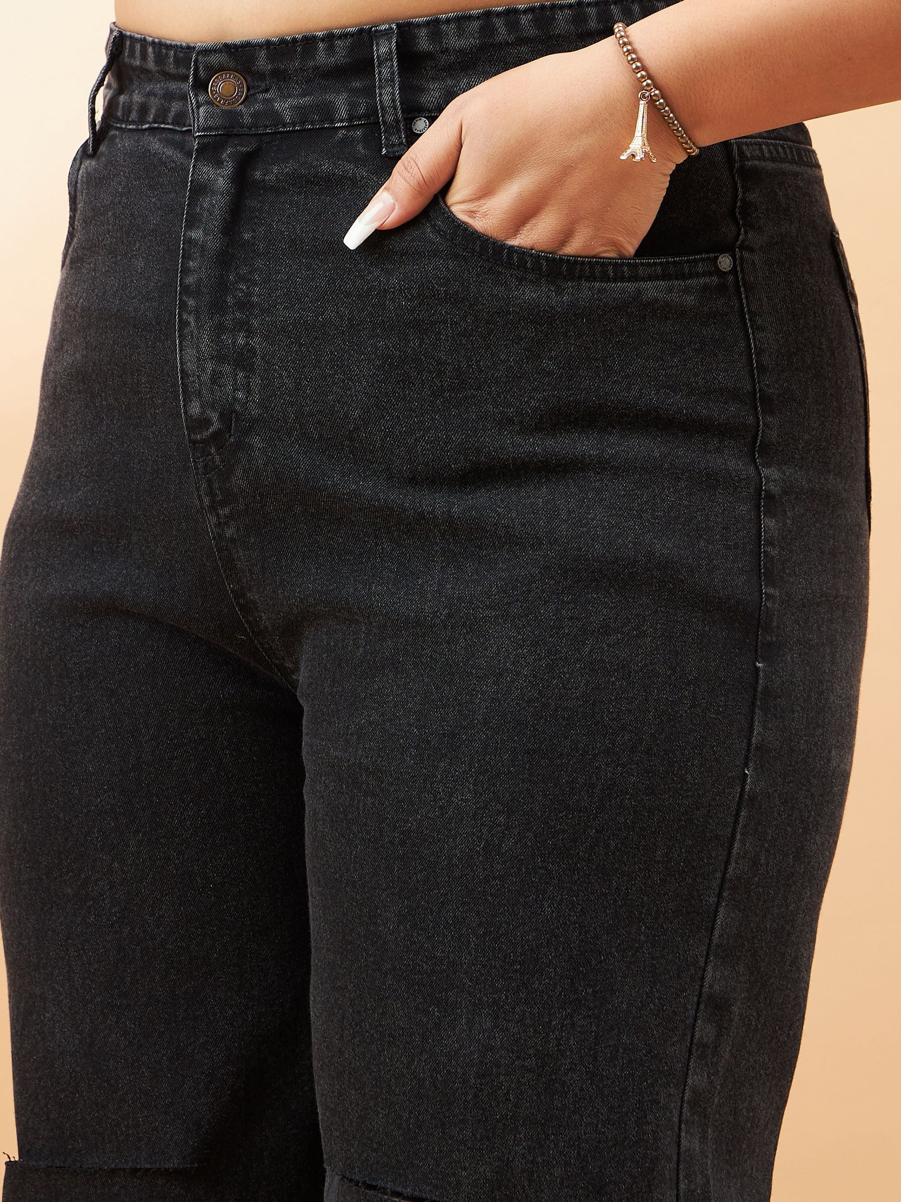 Black Acid Wash Knee Slash Straight Jeans-SASSAFRAS Curve