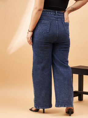 Blue Acid Wash Knee Slash Straight Jeans-SASSAFRAS Curve