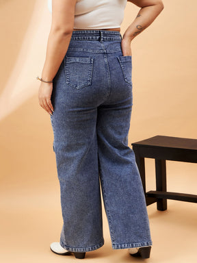 Ice Blue Metal Zipper Pocket Straight Jeans-SASSAFRAS Curve