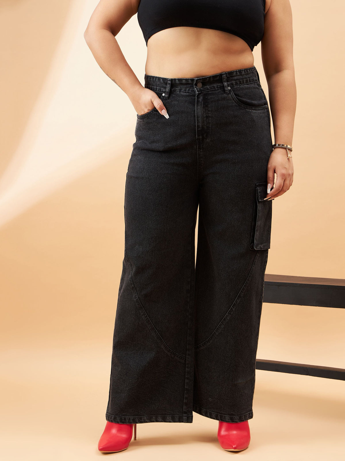 Black Acid Wash Side Pocket Detail Straight Jeans-SASSAFRAS Curve