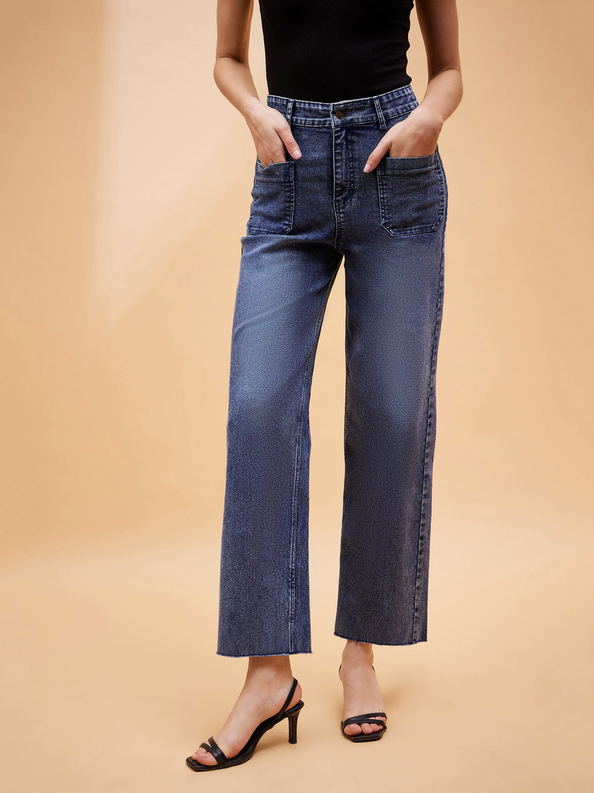 Blue Patched Pocket Mid Rise Jeans-SASSAFRAS BASICS