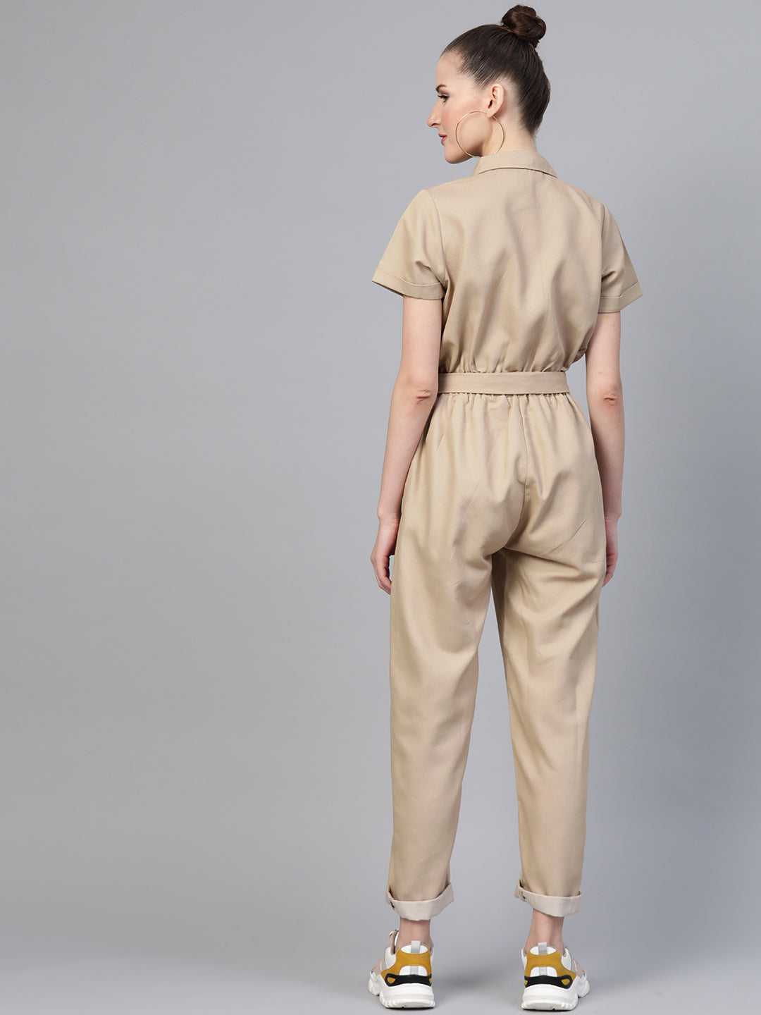 Beige Belted Twill Tapered Jumpsuit