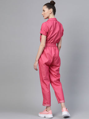 Fuchsia Belted Twill Tapered Jumpsuit