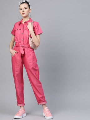 Fuchsia Belted Twill Tapered Jumpsuit