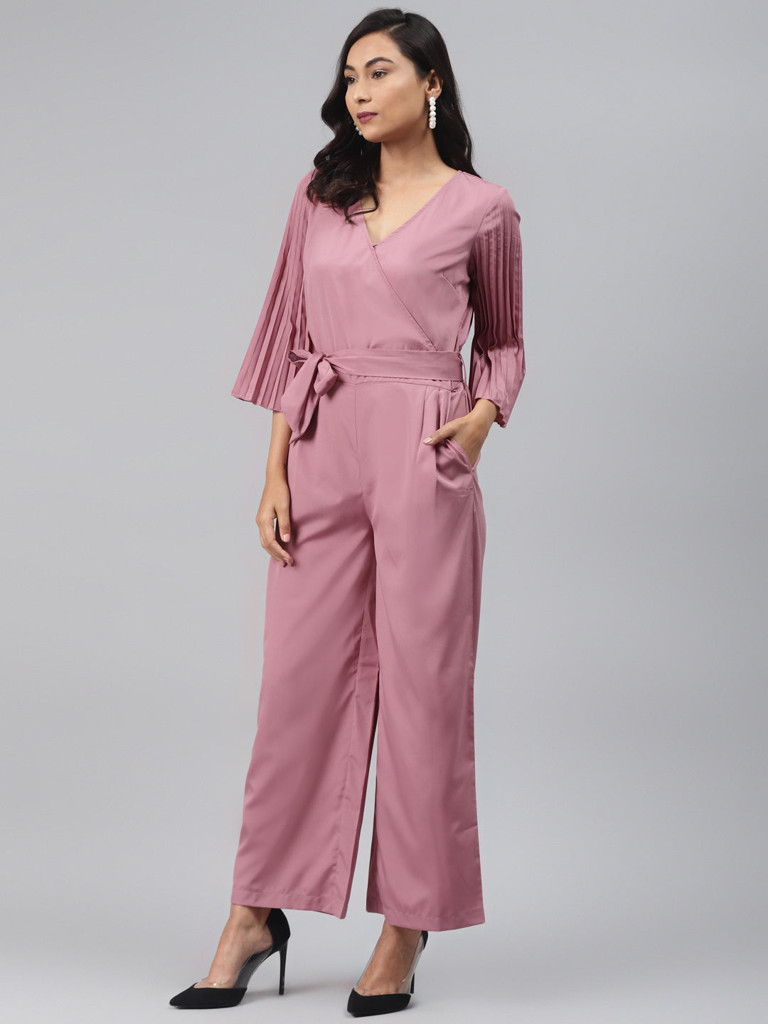 Baked Pink Wrap Pleated Sleeves Jumpsuit