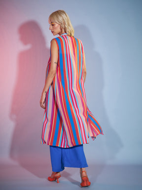 Blue Bardot Jumpsuit With Multi Stripe Shrug-SASSAFRAS