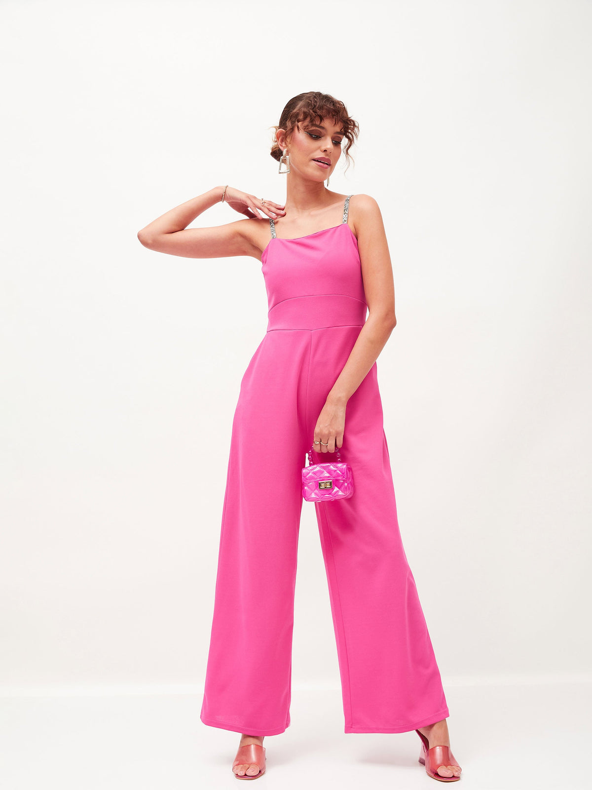 Pink Diamante Strap Detail Jumpsuit-SASSAFRAS