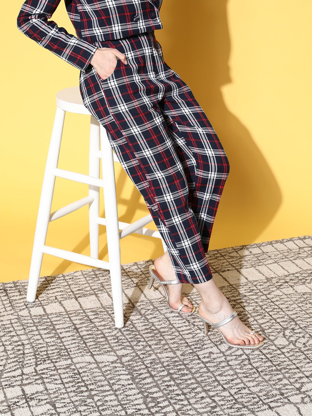 Navy Flannel Check Tapered Pants-SASSAFRAS