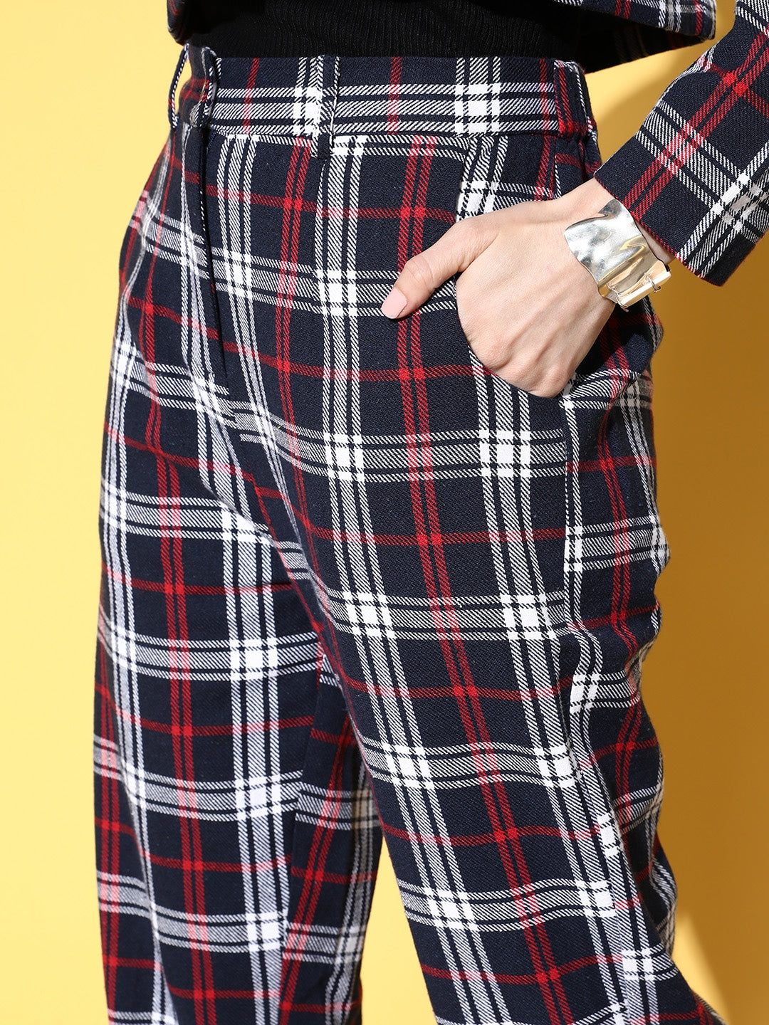 Navy Flannel Check Tapered Pants-SASSAFRAS