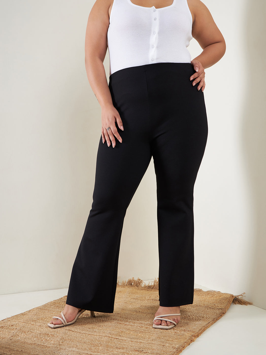 Black Bell Bottom 4-Way Stretch Trousers-SASSAFRAS Curve