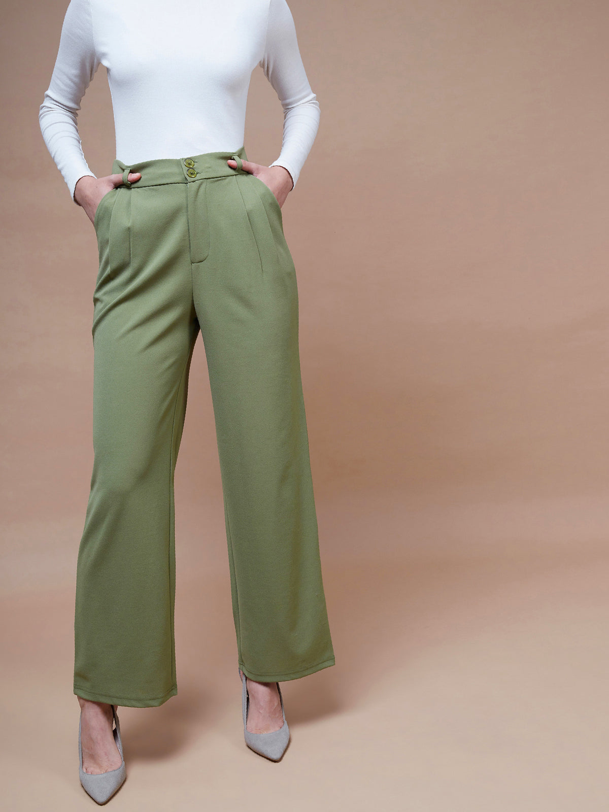 Women Olive Pleated Straight Stretchable Pants