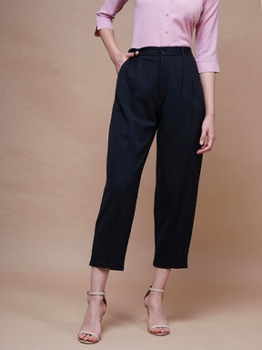 Women Black Stretch Knit Tapered Pants