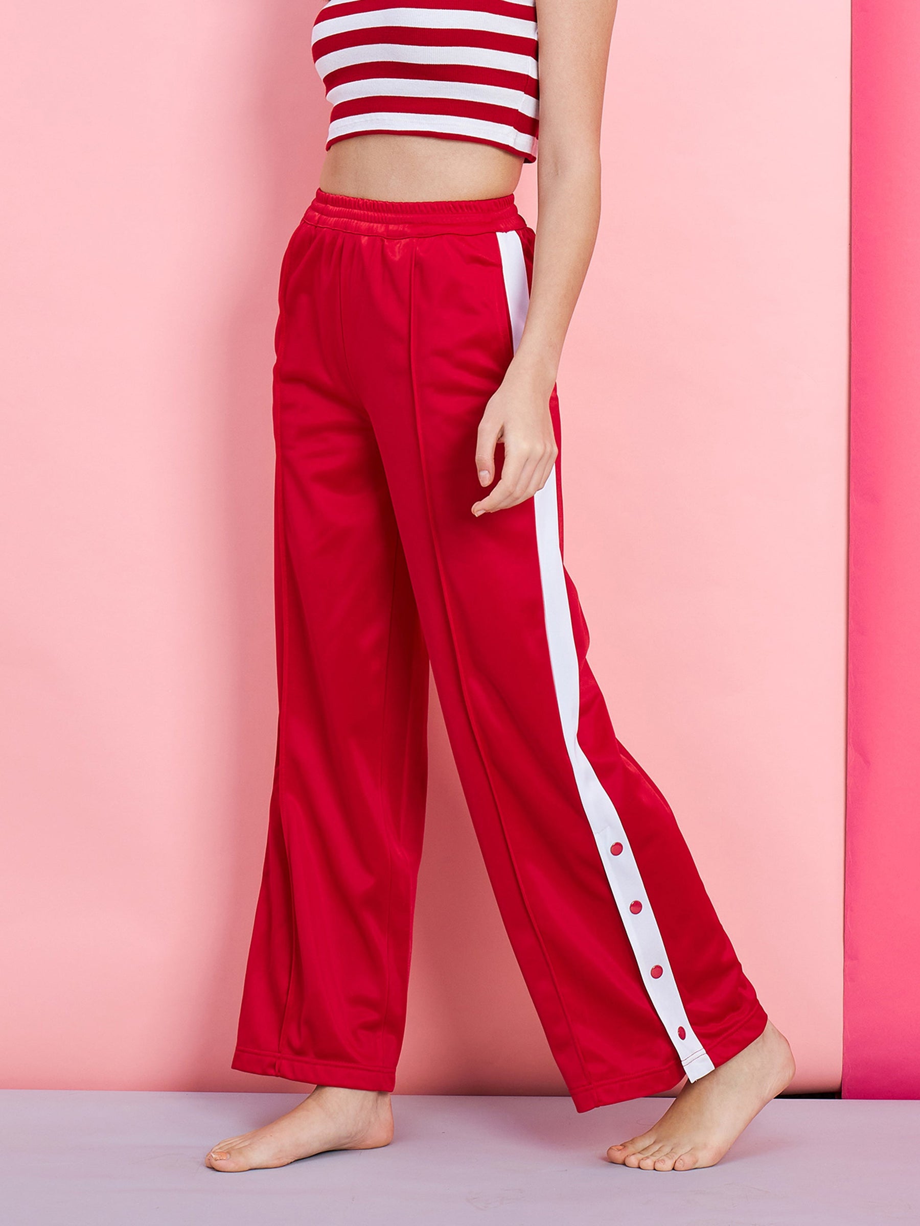 Women Red Side Button Track Pants