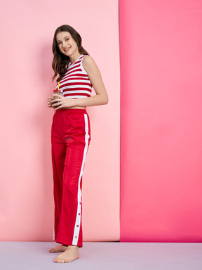 Women Red Side Button Track Pants