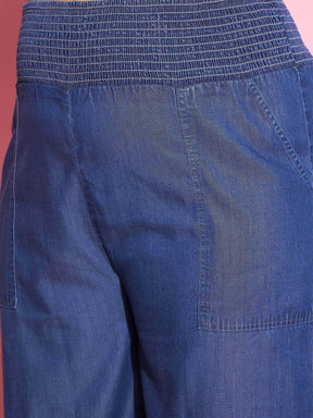 Blue Tencel Smocked Waist Straight Pants-SASSAFRAS Curve