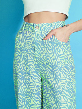 Green Printed Twill Straight Pants-SASSAFRAS