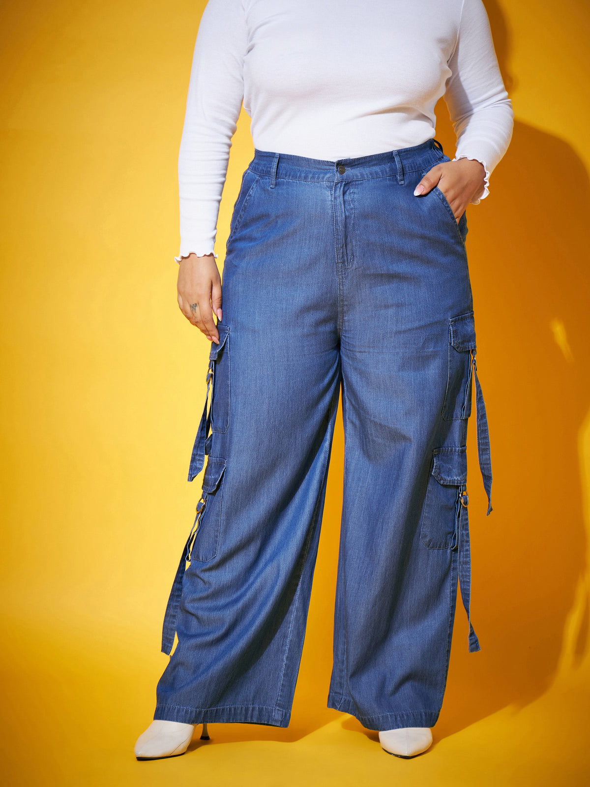 Blue Washed Tencel Pocket Cargo Pants-SASSAFRAS Curve