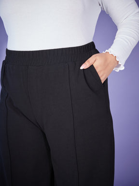 Black Elasticated Straight Pants-SASSAFRAS Curve
