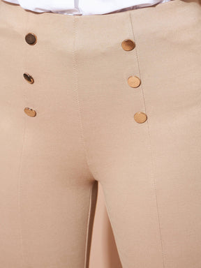 Beige High Waist Gold Show Buttons Pants-SASSAFRAS BASICS