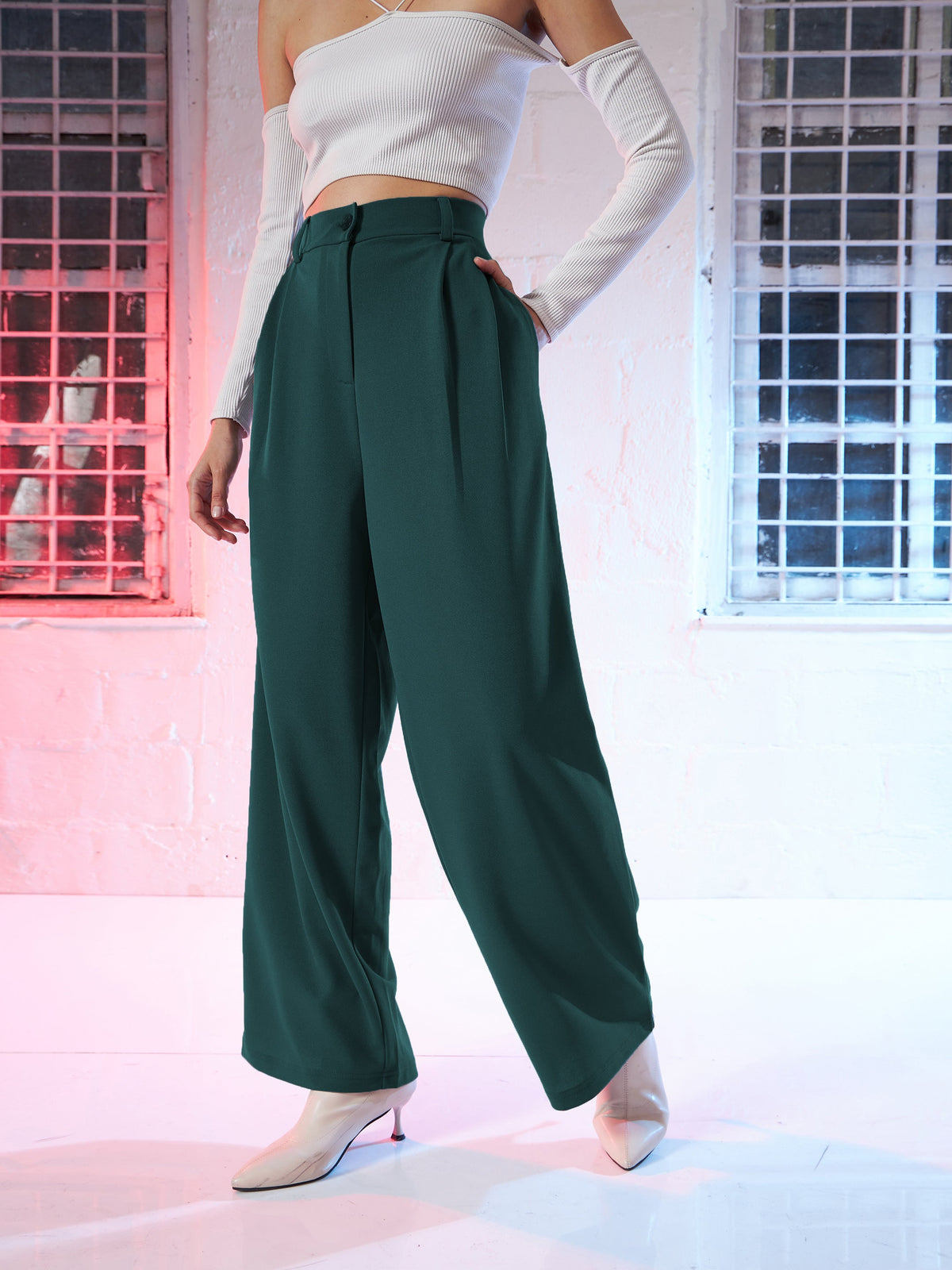 Emerald Green Korean Pleated Loose Fit Pants -SASSAFRAS