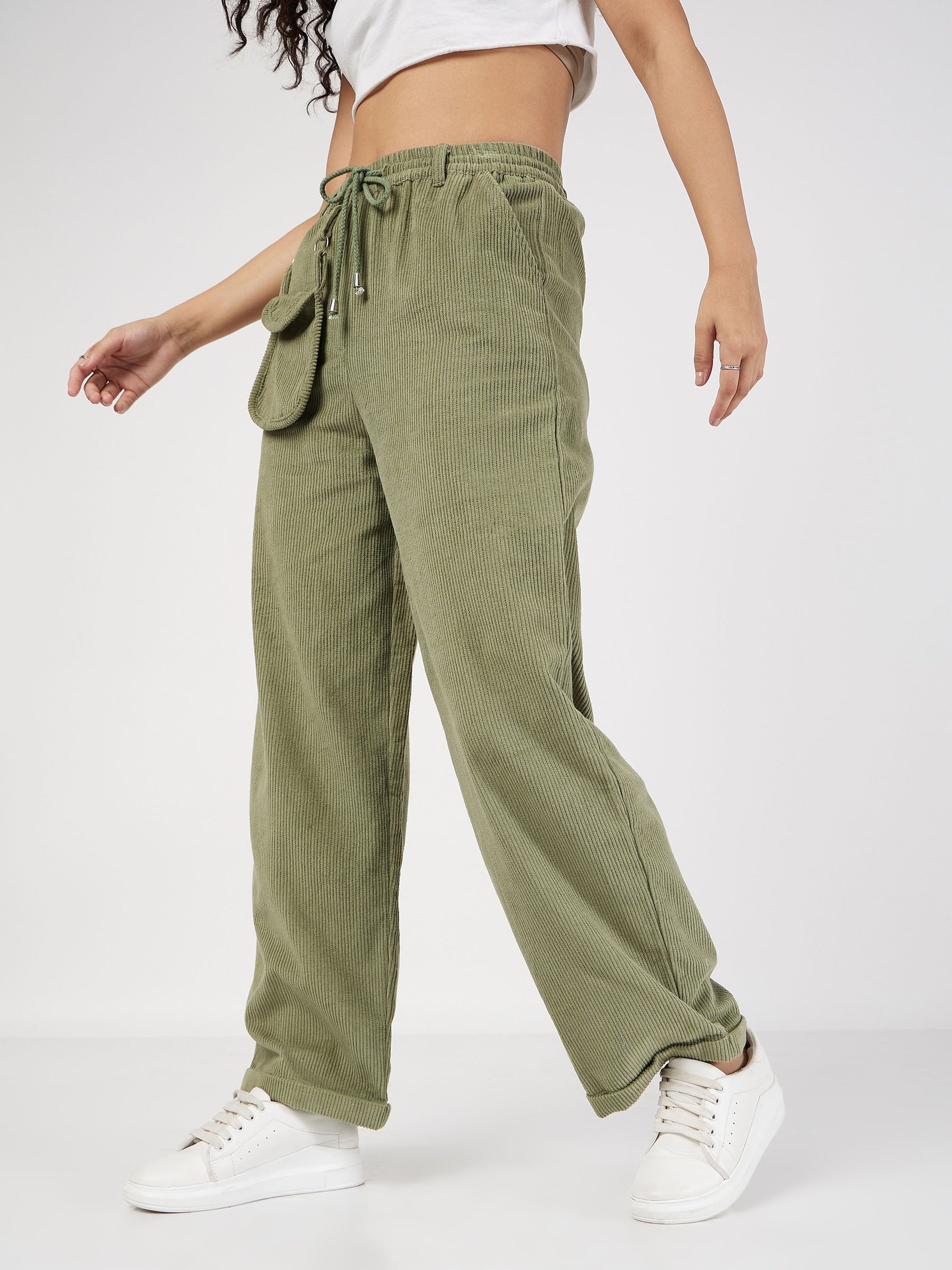 Olive Corduroy Pouch Pocket Drawstring Pants-SASSAFRAS