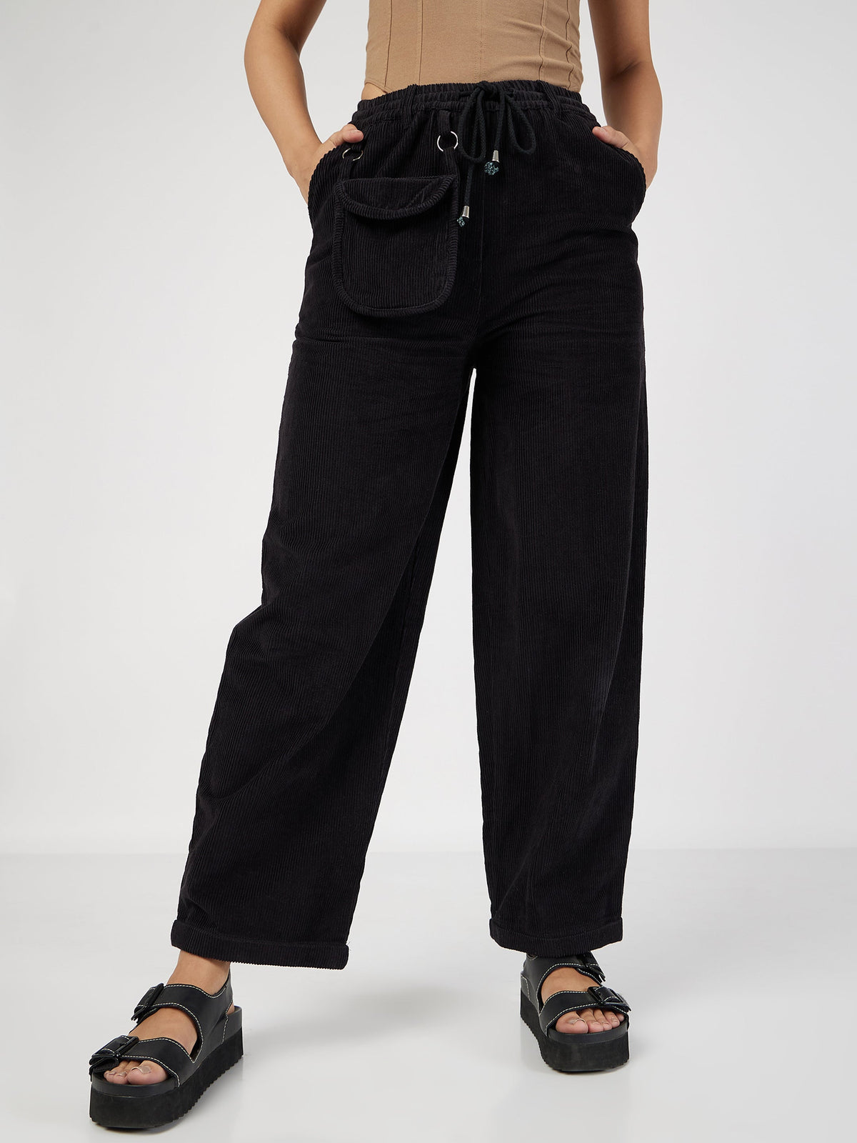Black Corduroy Pouch Pocket Drawstring Pants-SASSAFRAS