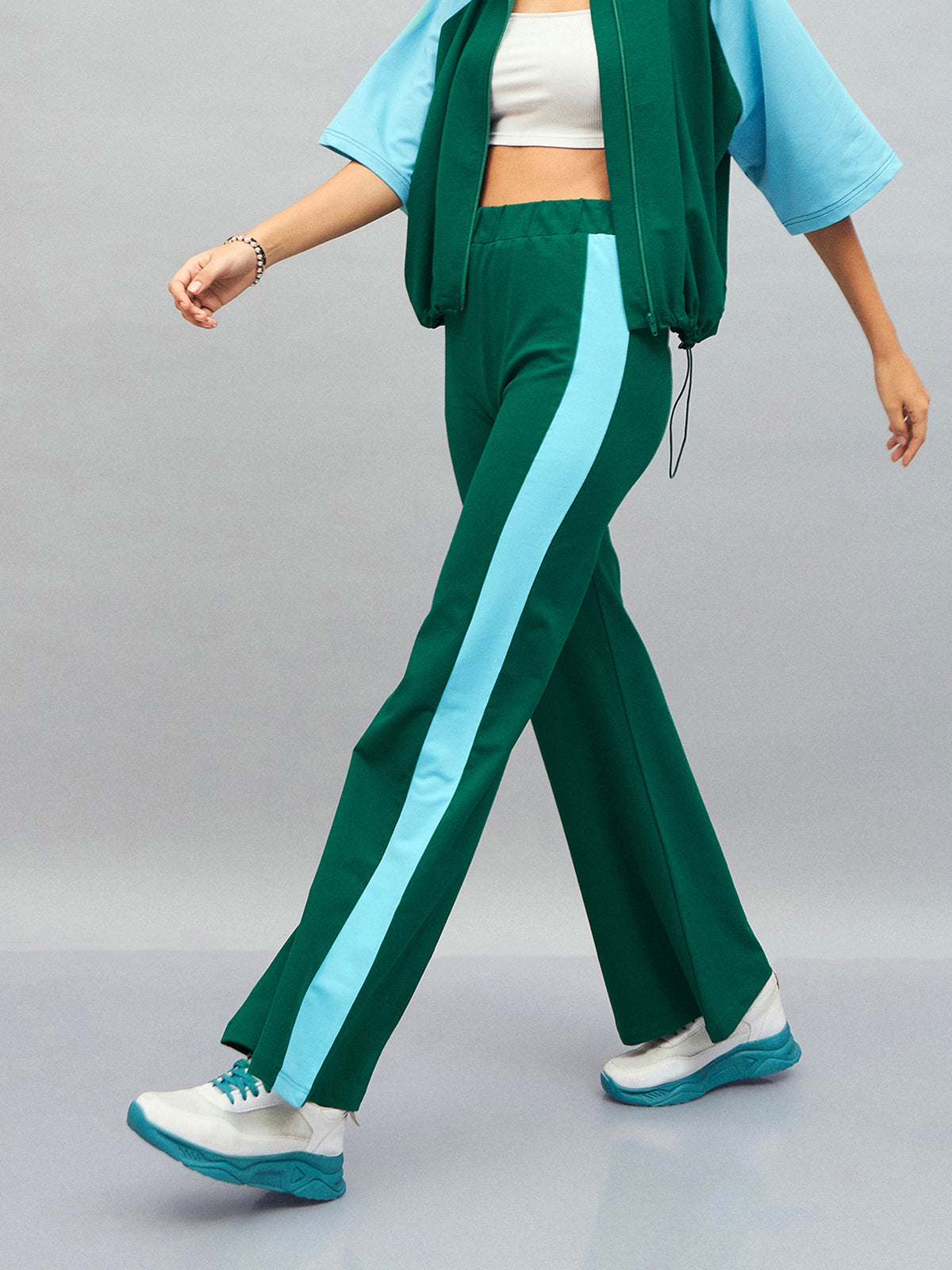 Green Knitted Contrast Side Tape Track Pants-SASSAFRAS
