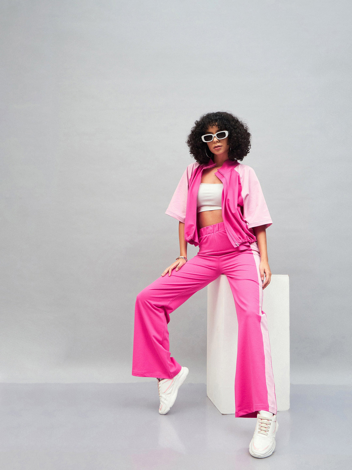 Pink Knitted Contrast Side Tape Track Pants-SASSAFRAS