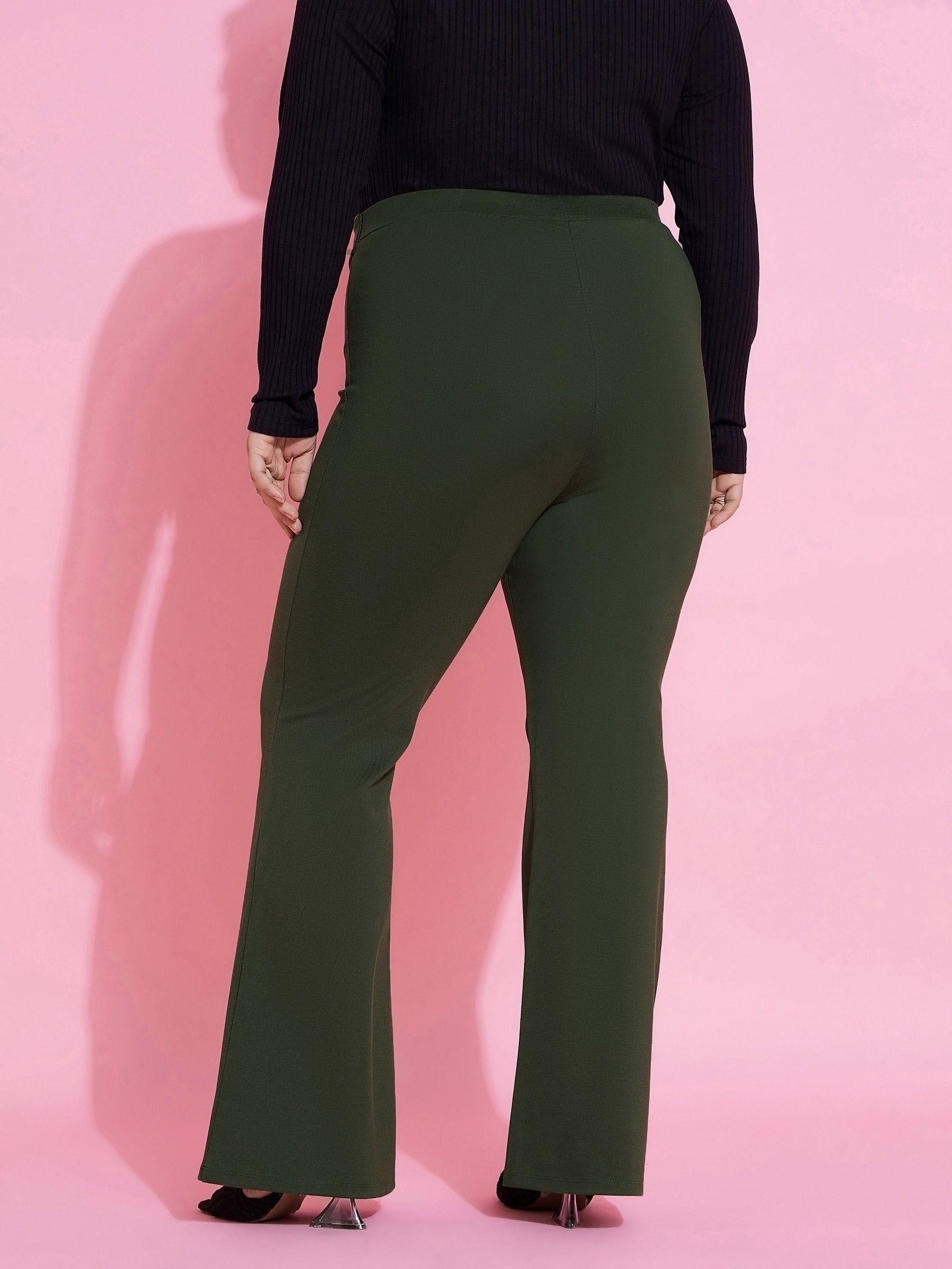 Olive Front Button Bell Bottom Trousers-SASSAFRAS Curve