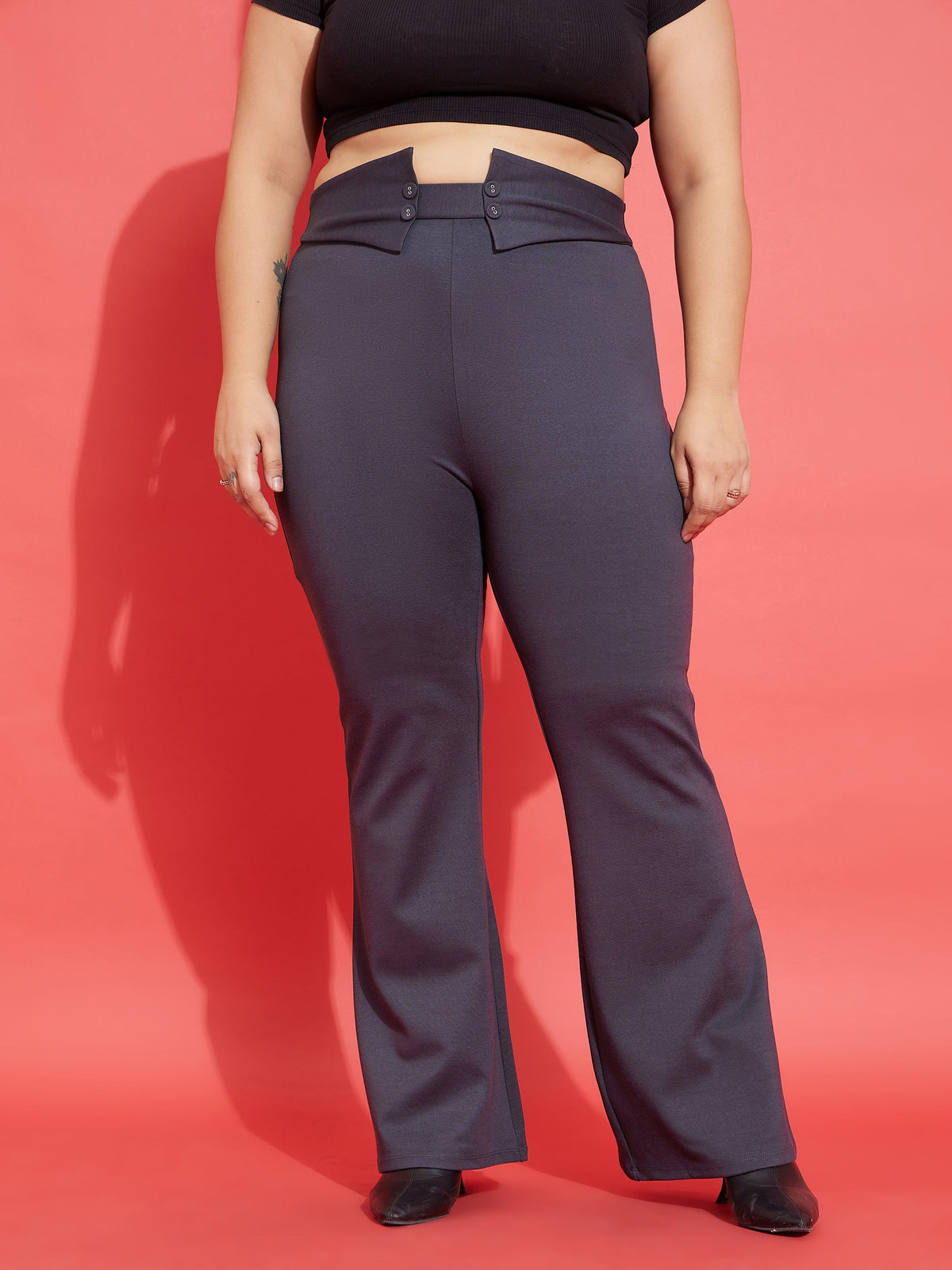 Grey Front Button Bell Bottom Trousers-SASSAFRAS Curve