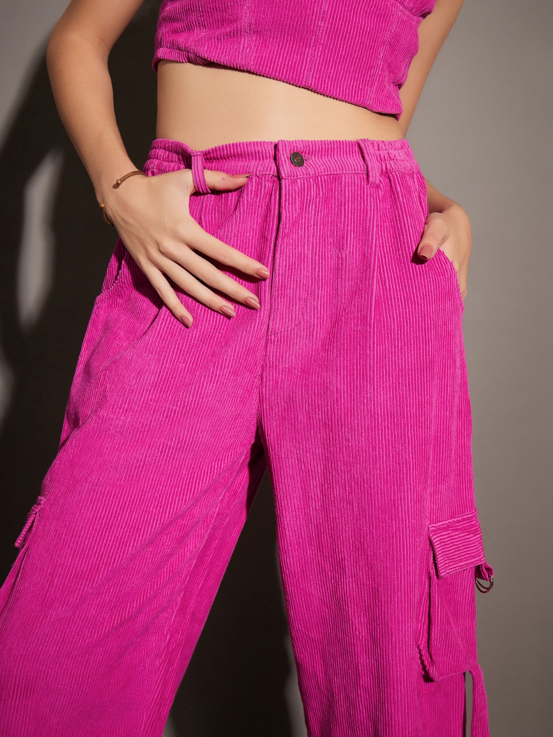 Pink Corduroy Multi Pocket Cargo Pants-SASSAFRAS