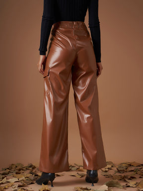 Brown PU Flap Pocket Straight Pants-SASSAFRAS