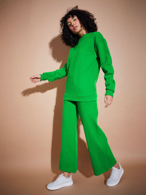 Green Fleece Wide Leg Track Pants-SASSAFRAS BASICS