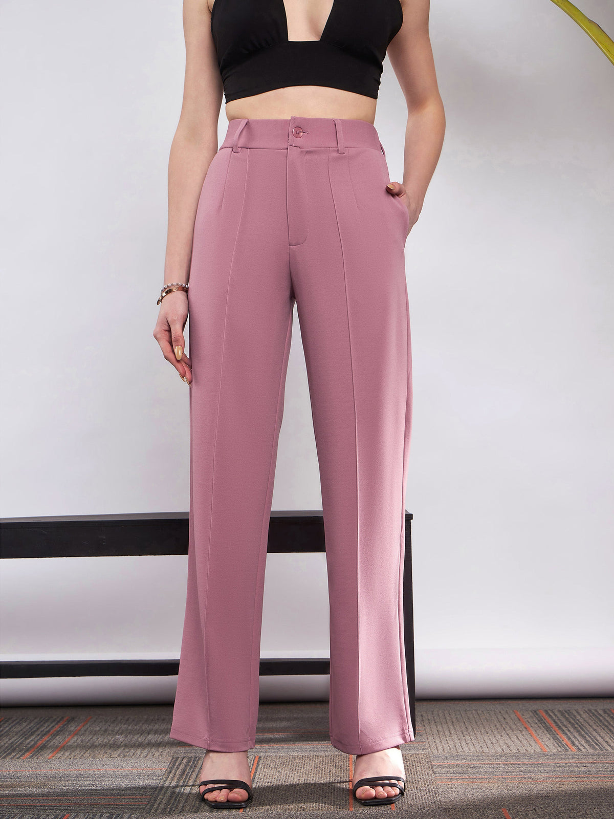 Pink Front Darted Knitted Straight Pants-SASSAFRAS