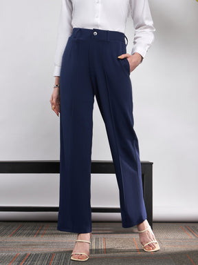 Navy Front Darted Knitted Straight Pants-SASSAFRAS
