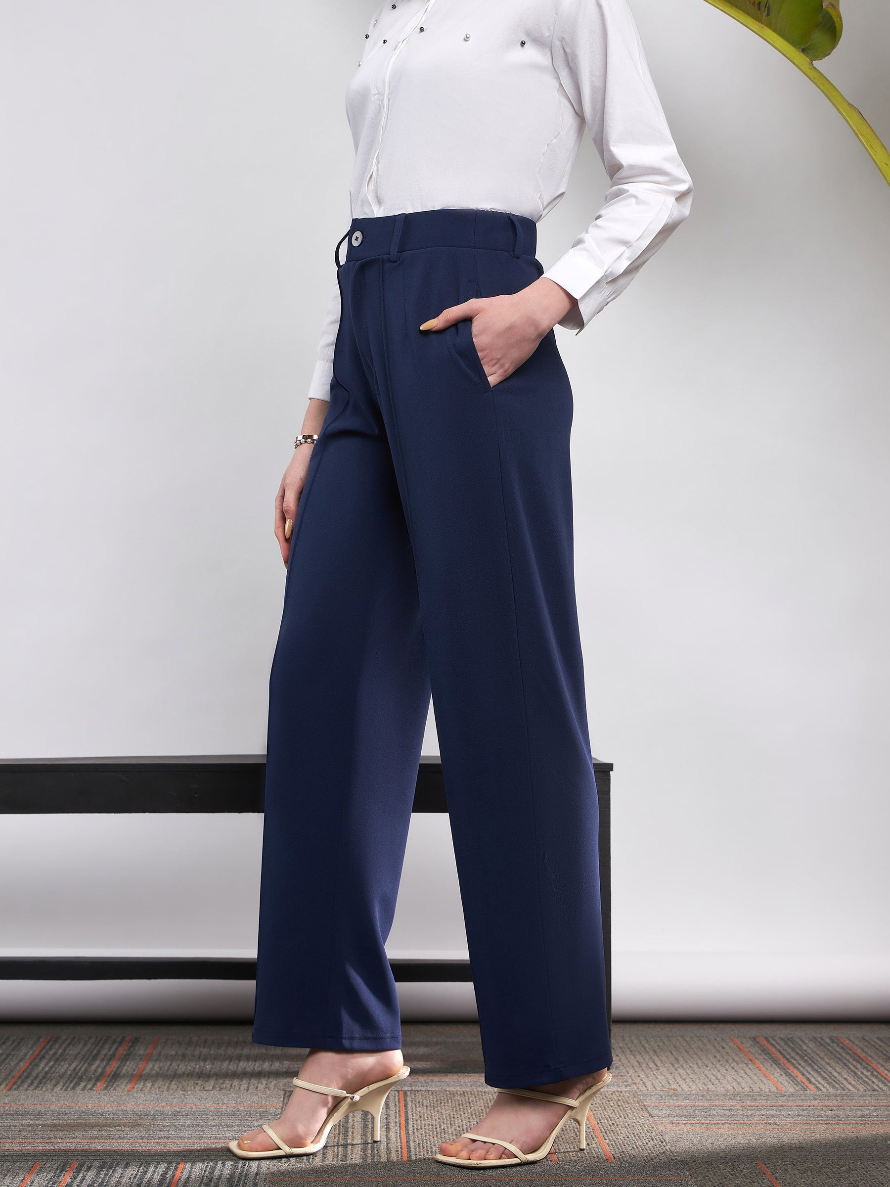 Navy Front Darted Knitted Straight Pants-SASSAFRAS