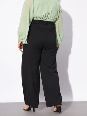Black Hem Button Detail Straight Pants-SASSAFRAS Curve