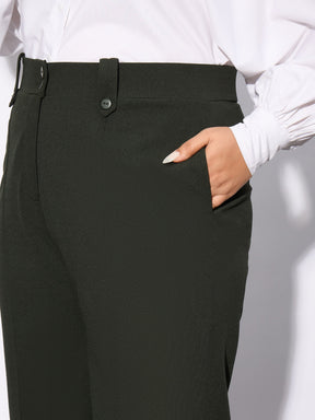 Olive Front Loop Detail Bell Bottom Pants-SASSAFRAS Curve